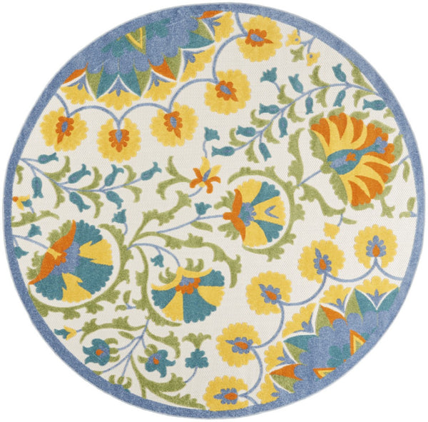 HomeRoots 8' Blue and Yellow Round Area Rug – Durable, Versatile, and Easy-Clean Indoor/Outdoor Decor Solution! 479384