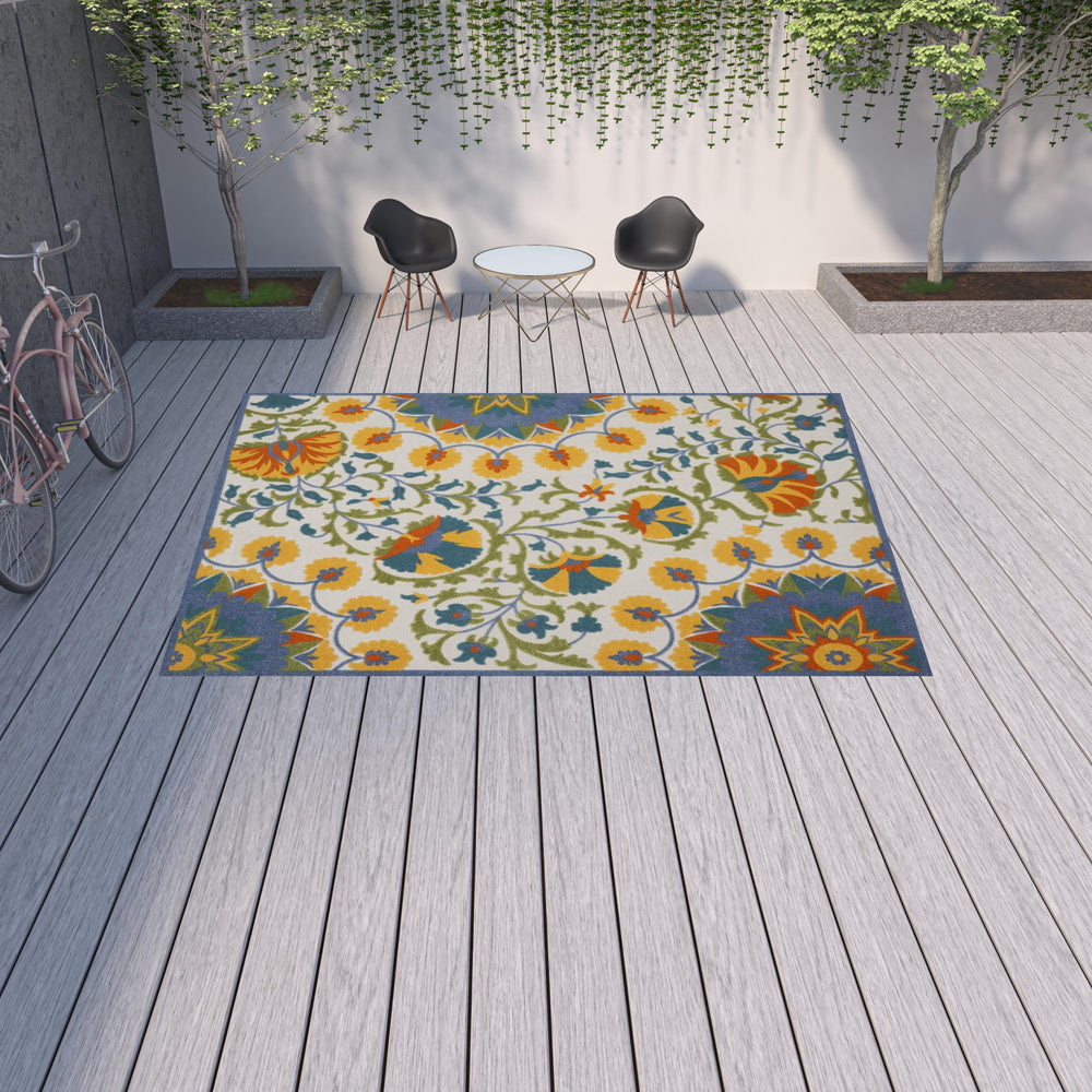 Homeroots 10' X 13' Blue Yellow And White Toile Non Skid Indoor Outdoor Area Rug  Polypropylene 479386