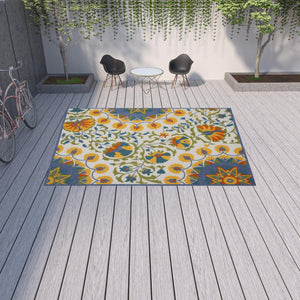 Homeroots 10' X 13' Blue Yellow And White Toile Non Skid Indoor Outdoor Area Rug  Polypropylene 479386