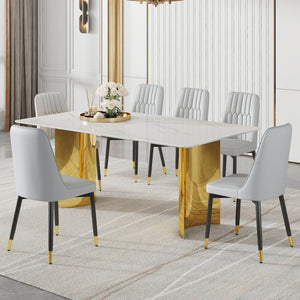 English Elm Table & 6 Chair Set - Elegant Glass Top With Faux Marble, Gold Stainless Steel Legs, Modern Comfort W1151S04353-GIGA