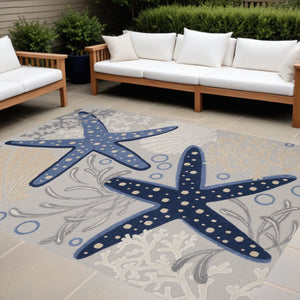 HomeRoots 9' Coastal Starfish Area Rug - Durable Indoor/Outdoor Carpet in Blue & Gray for Beach-Inspired Decor 479393