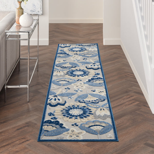 Homeroots 2' X 10' Blue And Grey Floral Non Skid Indoor Outdoor Runner Rug  Polypropylene 479405
