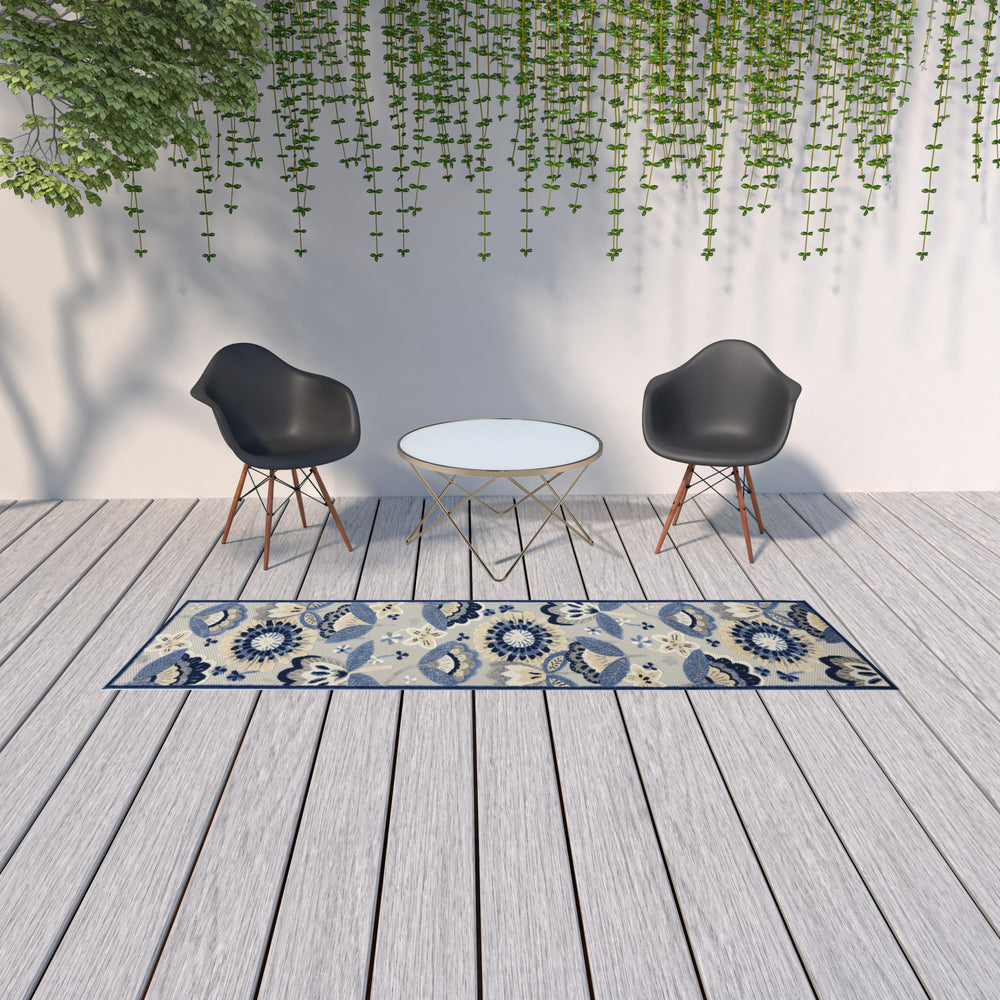 Homeroots 2' X 10' Blue And Grey Floral Non Skid Indoor Outdoor Runner Rug  Polypropylene 479405