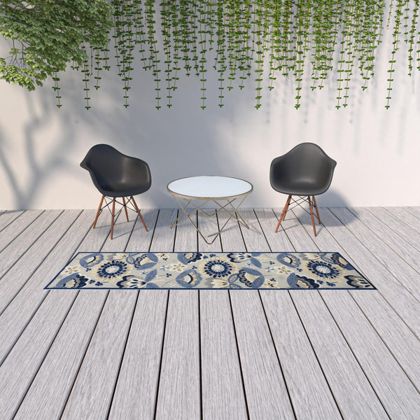 Homeroots 2' X 10' Blue And Grey Floral Non Skid Indoor Outdoor Runner Rug  Polypropylene 479405