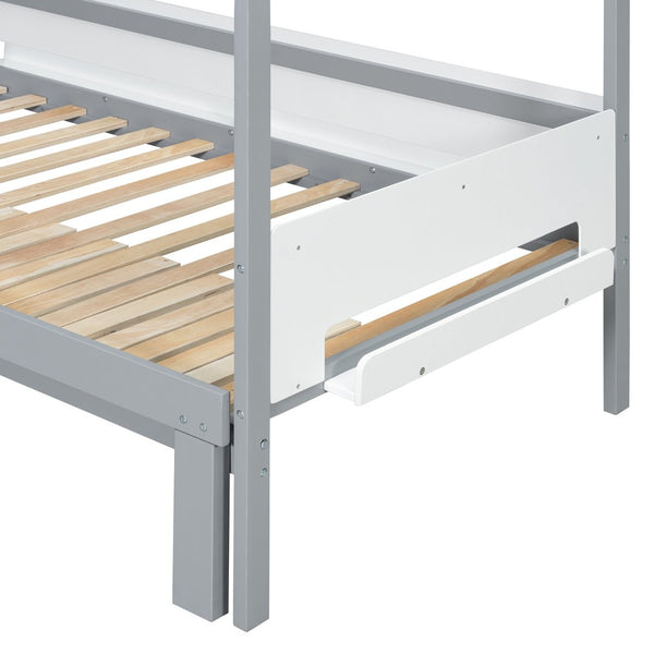 English Elm House-shaped Pine Bunk Bed with Built-in Slide Storage Staircase Twin Over Full Kids Frame Grey+White N820S00082E