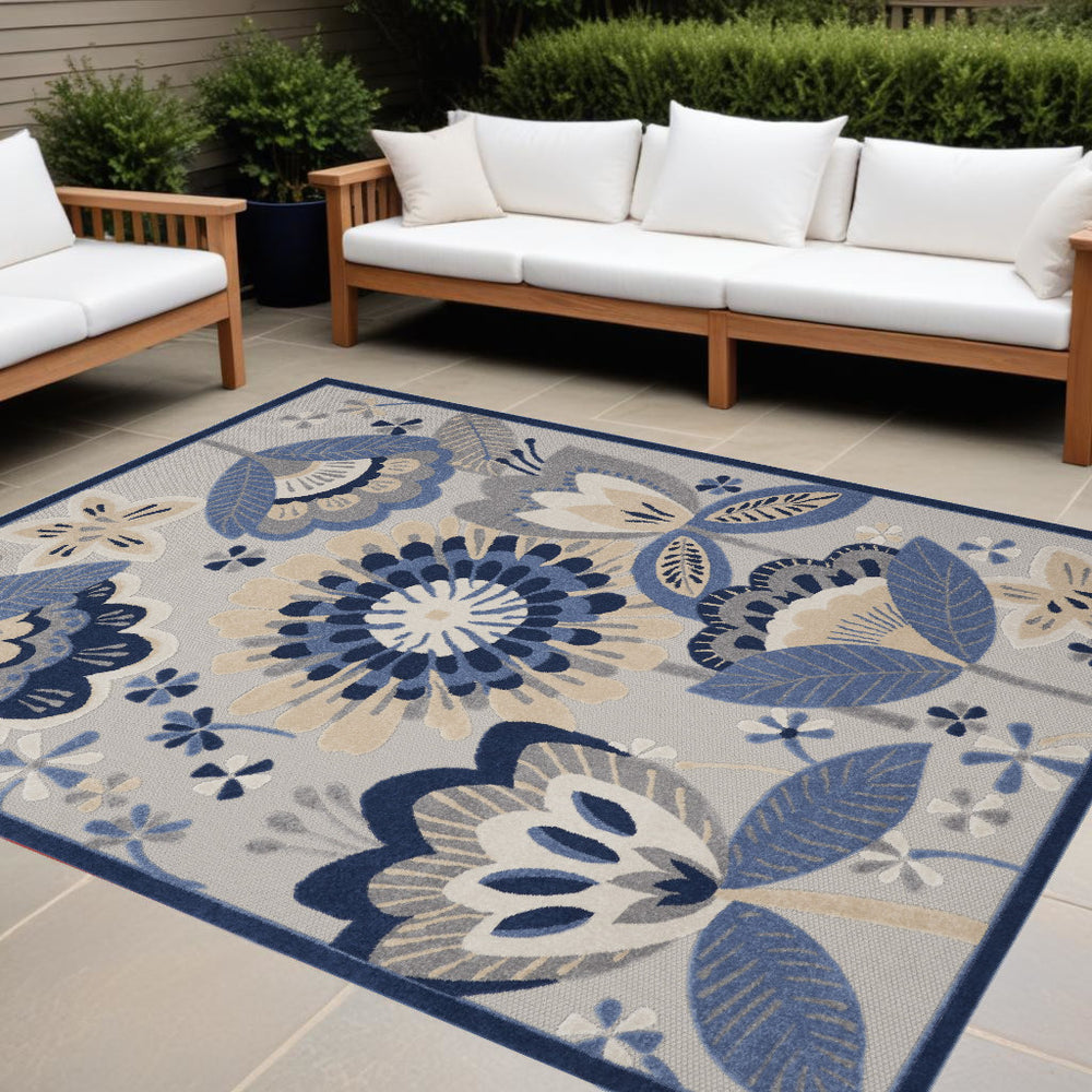 Homeroots 10' X 13' Blue And Grey Floral Non Skid Indoor Outdoor Area Rug  Polypropylene 479410