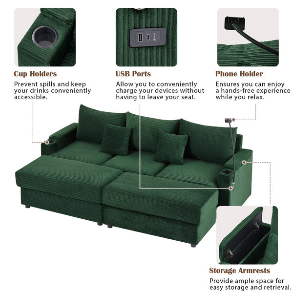 English Elm 95.3" Versatile 3-Seater Sectional Sofa With Smart Storage, Usb Ports, Cup Holders & Ottomans, Green N719S001613F