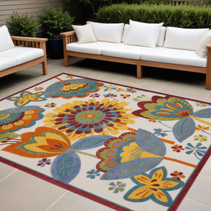 Homeroots 9' X 12' White Yellow And Blue Floral Non Skid Indoor Outdoor Area Rug  Polypropylene 479417