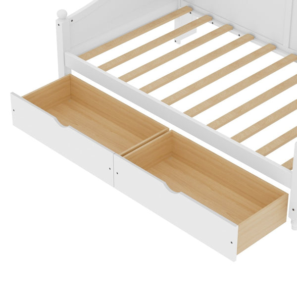 English Elm Twin Daybed Retro Wood Frame with Under Bed Drawers and Headboard Shelving White N733S415358K