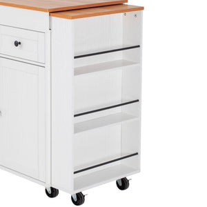 English Elm K&k Rolling Kitchen Island with Extendable Table Open Shelving and Built-in Power Outlet White N707P360278W