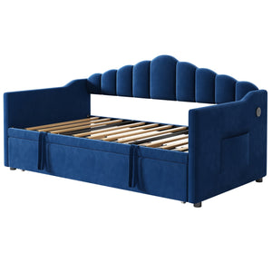 English Elm Upholstered Twin Daybed with Pop-Up Trundle, Built-In USB Type-C Charger, Side Pockets, Velvet Frame Blue 77.25 L x 17.25 W x 5.31 H N733S285118C