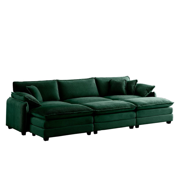 English Elm Oversized Modular Cushioned Sofa With 3 Ottomans - Transformable Sleeper & Stylish Green Corduroy W714S00739-GIGA