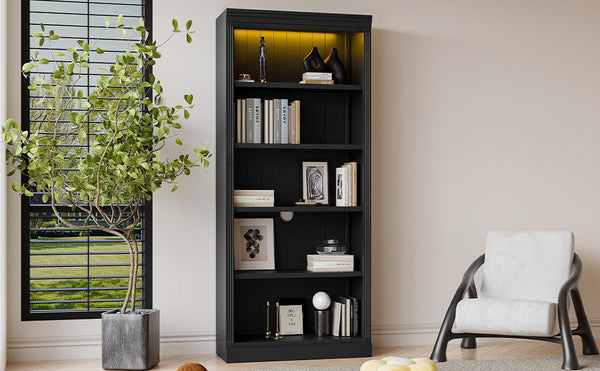 English Elm 83.4" Tall Wood Bookcase with LED Light Strip, 5-Tier Adjustable Shelves, Cable Hole, Modern Black Storage Organizer N751S246934B