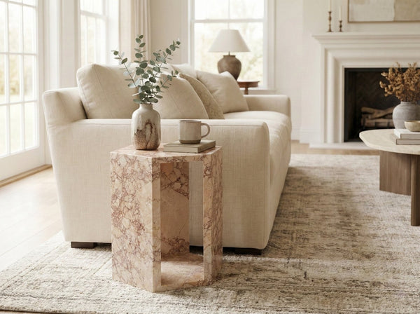 English Elm Genuine Solid Marble Hexagonal Pedestal End Table Polished Stone for Modern Living Pink W1696P407998
