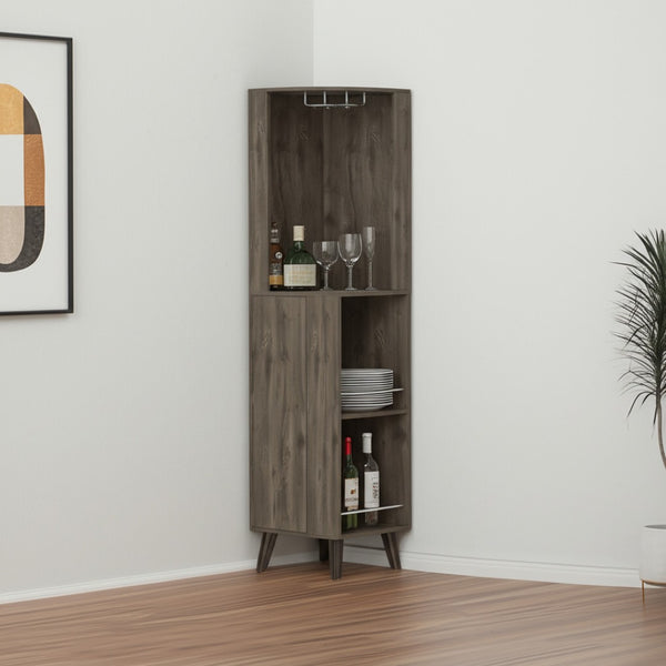 HomeRoots 73" Dark Brown Wood Corner Bar Cabinet - Stylish Storage for Bottles, Glassware & Essentials 479762
