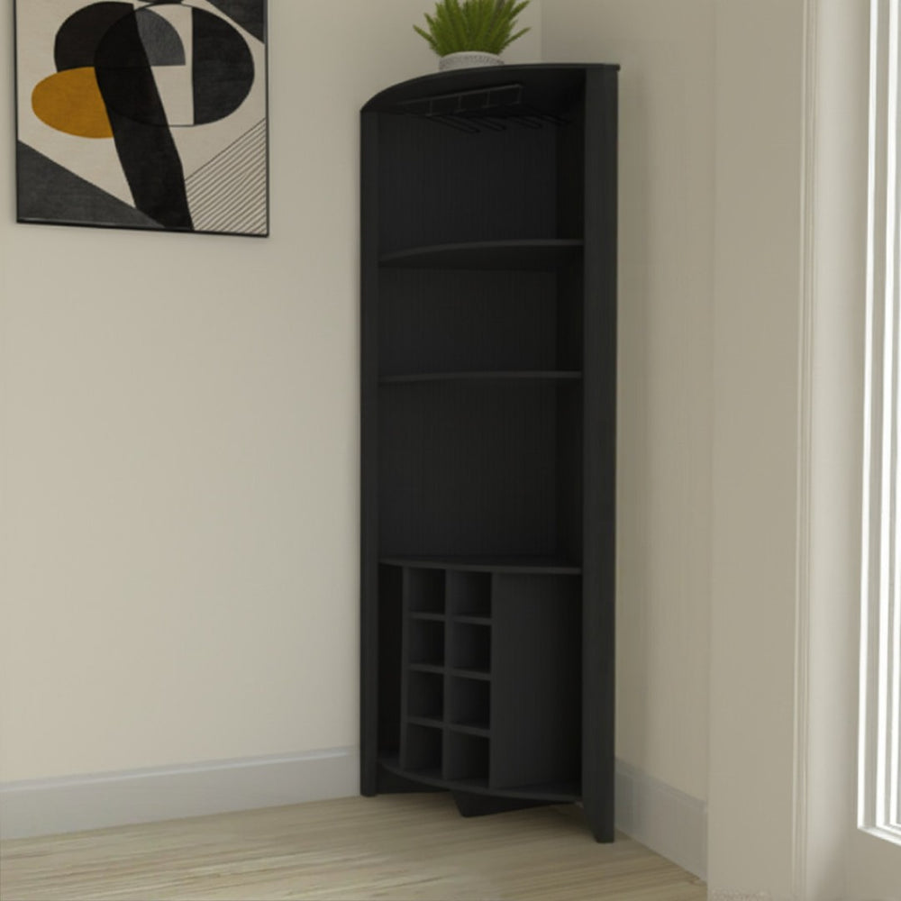 HomeRoots 71" Black Wood Corner Bar Cabinet - Stylish Space-Saving Design with Ample Storage for Entertaining 479763
