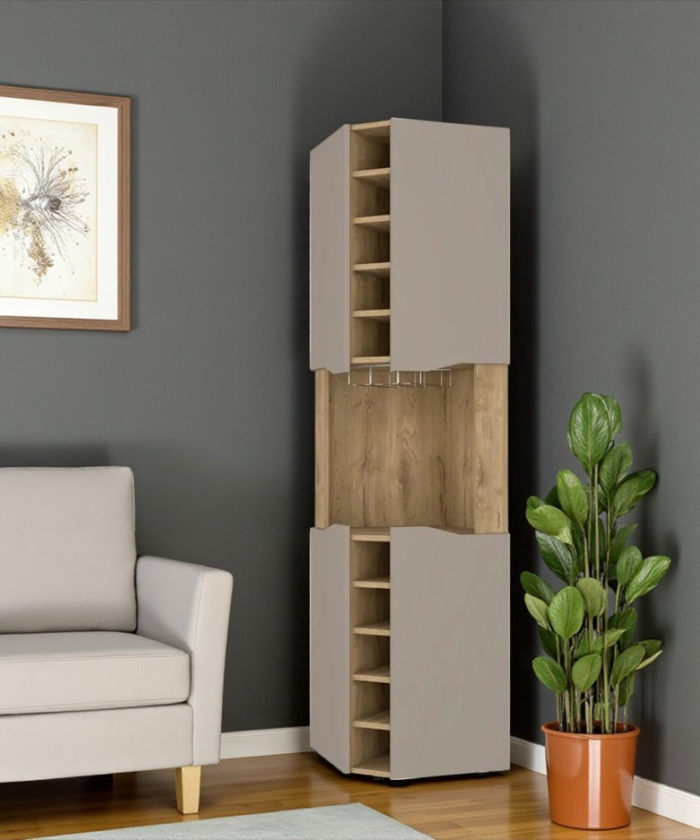 HomeRoots 72" Brown and Taupe Corner Bar Cabinet - Stylish Space-Saving Storage for Home, Office & Lounge Decor 479764