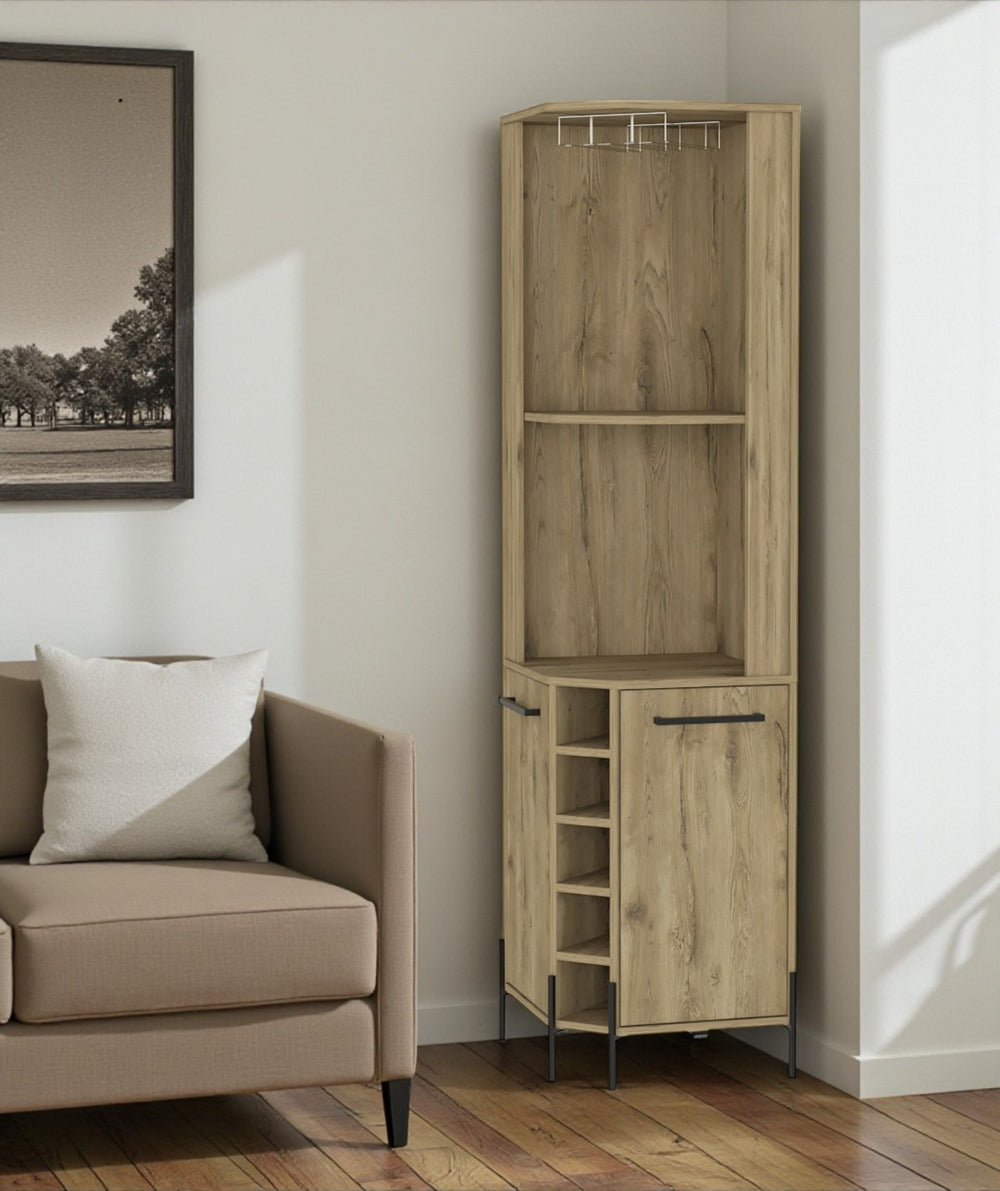 HomeRoots 71" Natural Wood Corner Bar Cabinet - Stylish, Space-Saving Storage for Home Bars & Living Spaces 479765