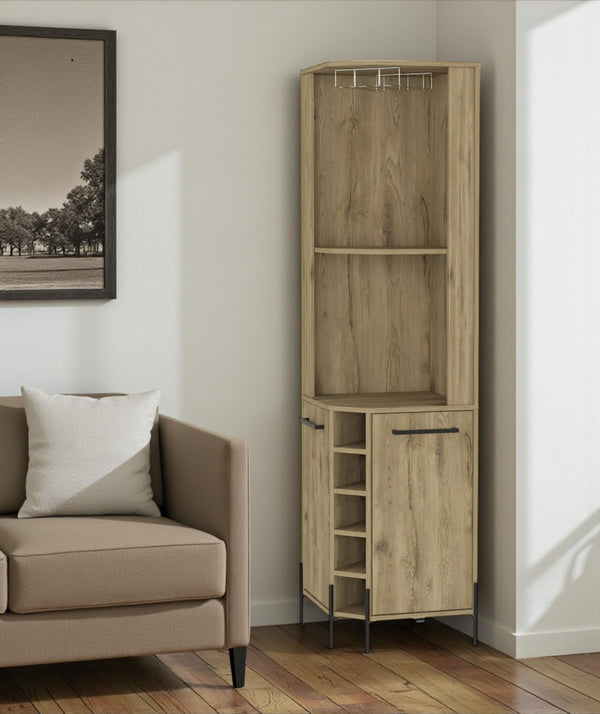 HomeRoots 71" Natural Wood Corner Bar Cabinet - Stylish, Space-Saving Storage for Home Bars & Living Spaces 479765