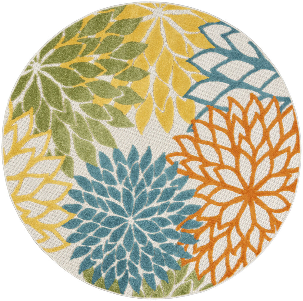 Homeroots 5' X 5' Turquoise Round Floral Non Skid Indoor Outdoor Area Rug  Polypropylene 479776
