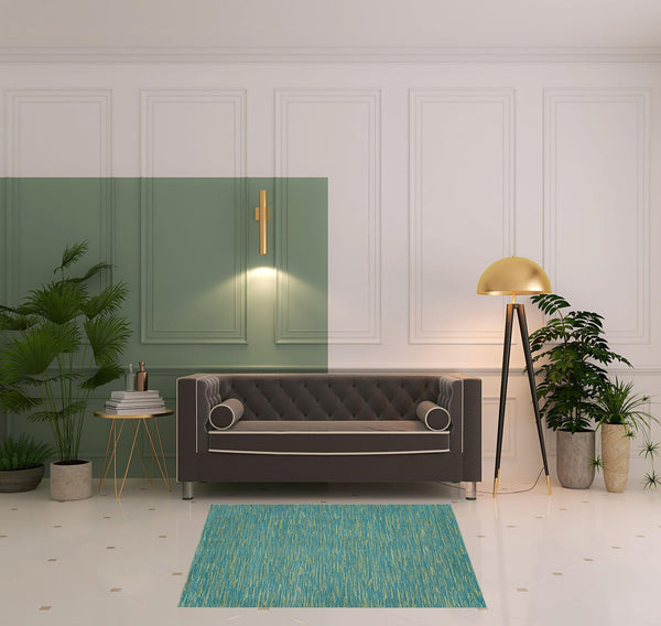 Homeroots 5' X 5' Blue And Green Square Striped Non Skid Indoor Outdoor Area Rug  Polypropylene 479794