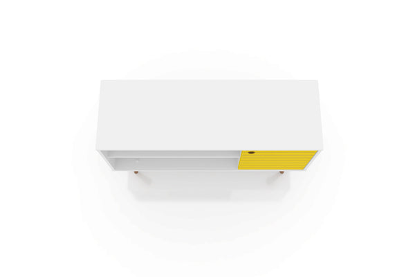 English Elm Liberty 43" TV Stand with Splayed Solid Wood Legs, Wire Management, Open Shelves & Concealed Storage Yellow+White B365P398332