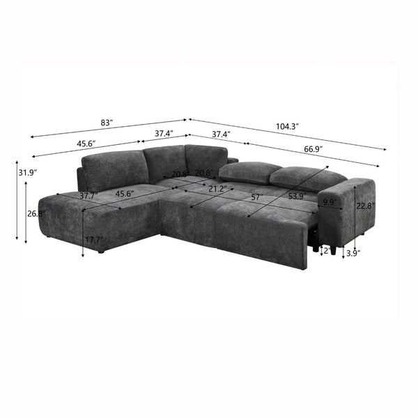 English Elm Sleeper Sectional with Storage Chaise Tufted Chenille Pull Out Sofa Bed Living Room Dark Grey W1417S00218