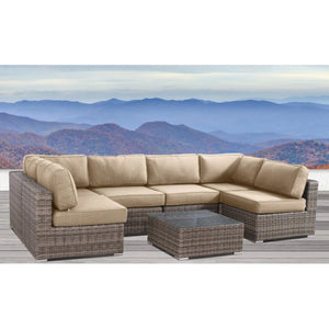 English Elm All-Weather 7-Piece Wicker Sectional Set with 14 Cushions, Glass Table, 5" Plush Seats, Pre-Assembled B120S00140