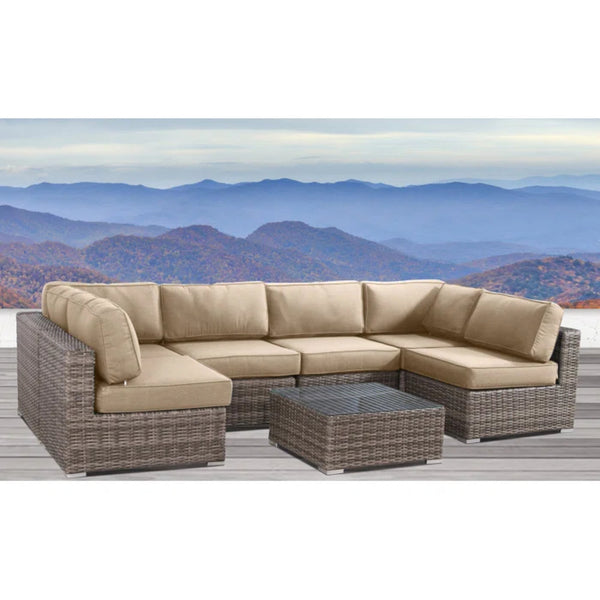 English Elm All-Weather 7-Piece Wicker Sectional Set with 14 Cushions, Glass Table, 5" Plush Seats, Pre-Assembled B120S00140