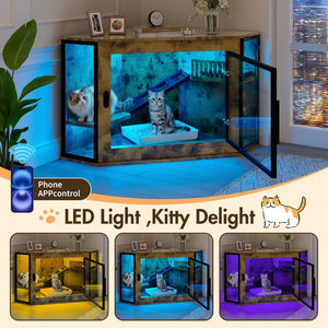 English Elm 48" Corner Mdf Cat Litter Enclosure Cabinet with Led Acrylic Door and Play Loft Tiger N704P402446D