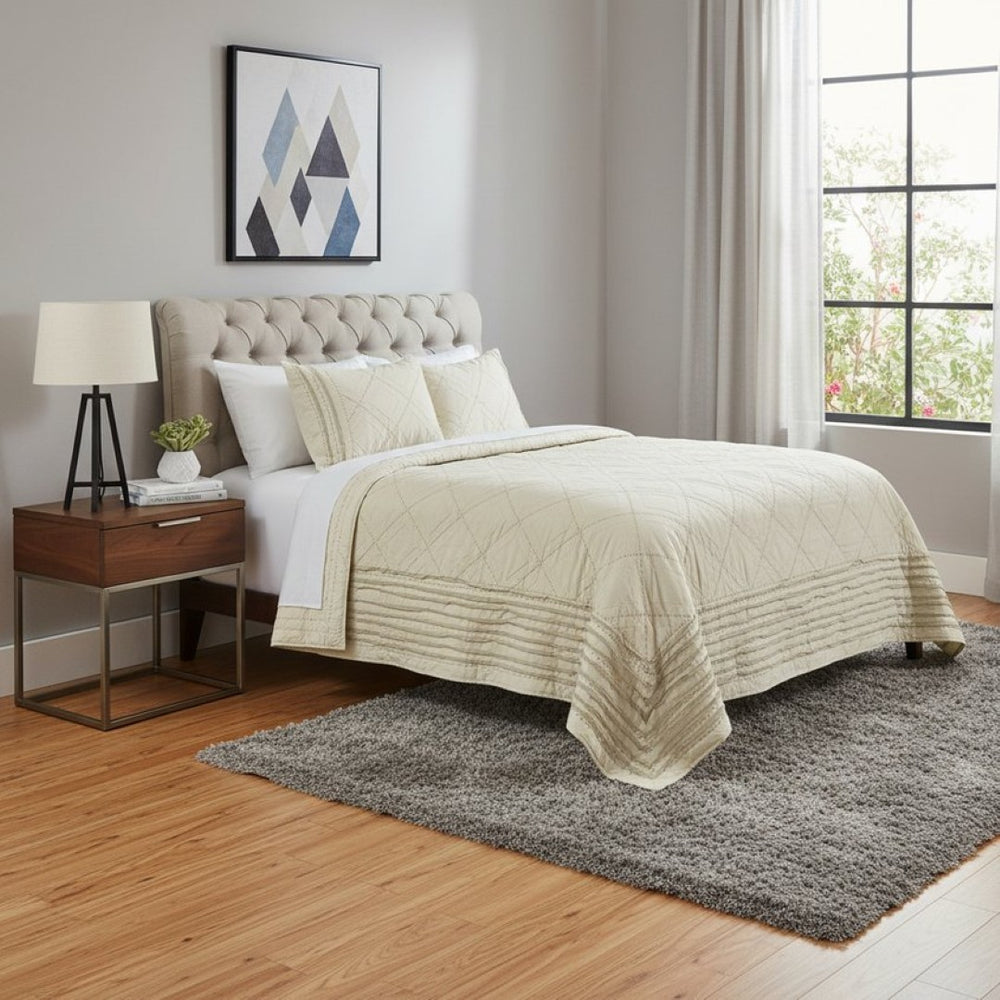 HomeRoots Ivory Kantha Quilt Set - King Size, Artisan-Crafted Cotton, Lightweight for All-Season Comfort & Style 479869