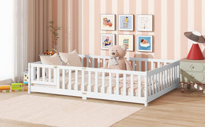 English Elm Full Size Floor Bed With Safety Guardrails & Convenient Door, Eco-Friendly Rubberwood Design In White W504P286379