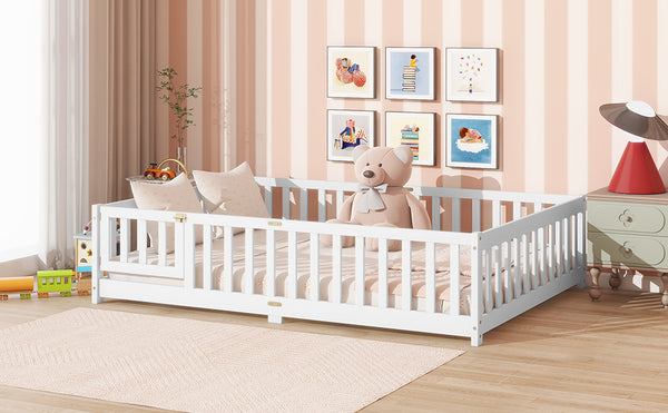 English Elm Full Size Floor Bed With Safety Guardrails & Convenient Door, Eco-Friendly Rubberwood Design In White W504P286379