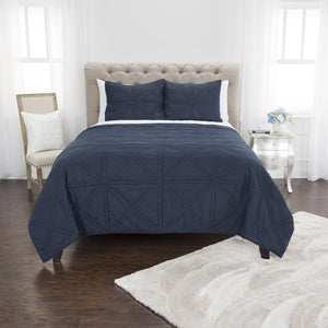 HomeRoots Set of Three Indigo Geometric King Quilt - Soft Cotton, Versatile Bedding for Modern Décor 479891