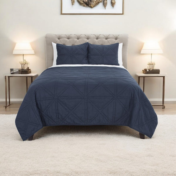HomeRoots Set of Three Indigo Geometric King Quilt - Soft Cotton, Versatile Bedding for Modern Décor 479891