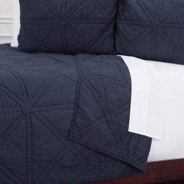 HomeRoots Set of Three Indigo Geometric King Quilt - Soft Cotton, Versatile Bedding for Modern Décor 479891