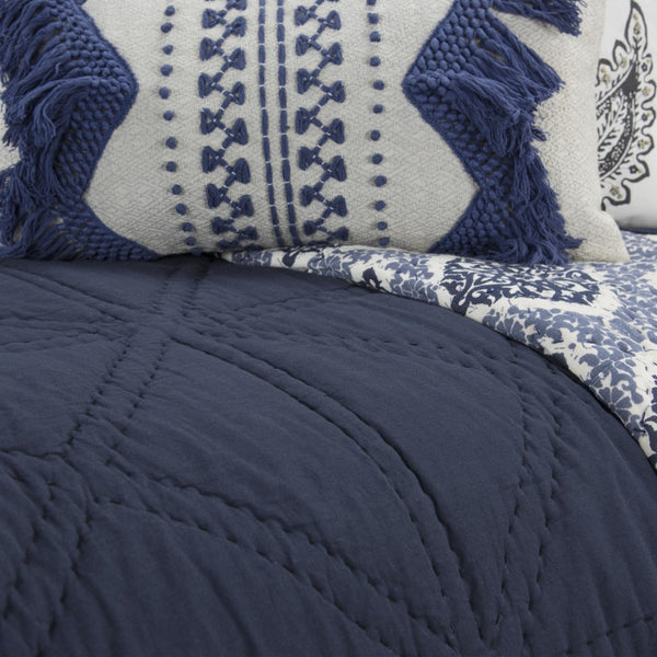 HomeRoots Set of Three Indigo Geometric King Quilt - Soft Cotton, Versatile Bedding for Modern Décor 479891