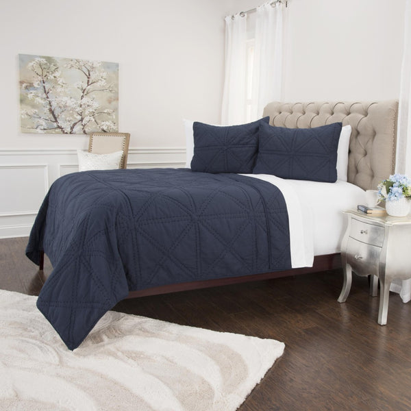 HomeRoots Set of Three Indigo Geometric King Quilt - Soft Cotton, Versatile Bedding for Modern Décor 479891