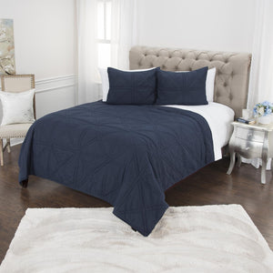 HomeRoots Set of Three Indigo Geometric King Quilt - Soft Cotton, Versatile Bedding for Modern Décor 479891