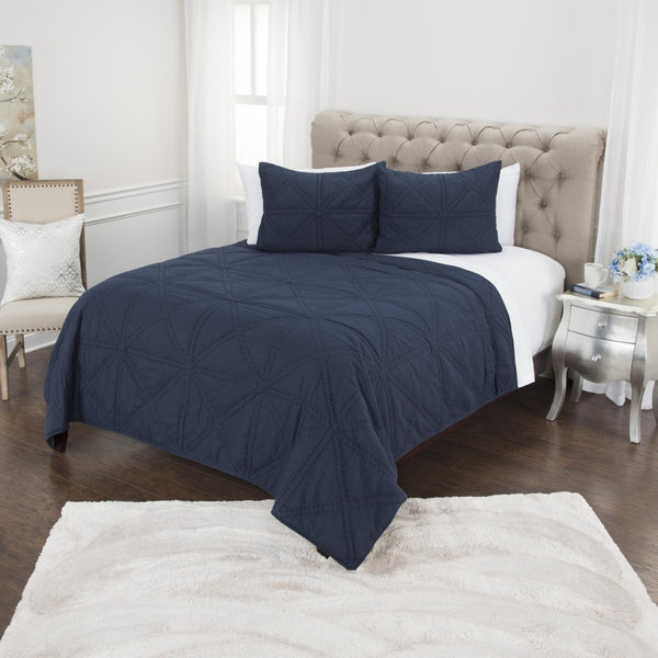 HomeRoots Set of Three Indigo Geometric King Quilt - Soft Cotton, Versatile Bedding for Modern Décor 479891