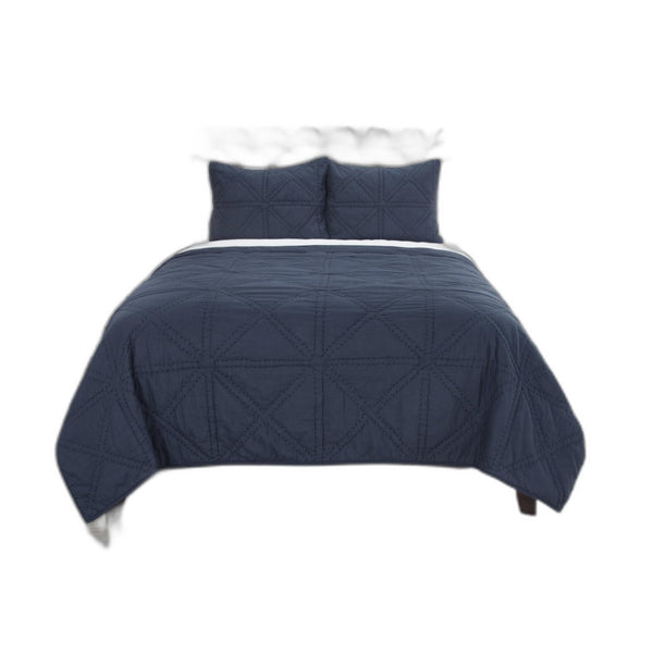 HomeRoots Set of Three Indigo Geometric King Quilt - Soft Cotton, Versatile Bedding for Modern Décor 479891