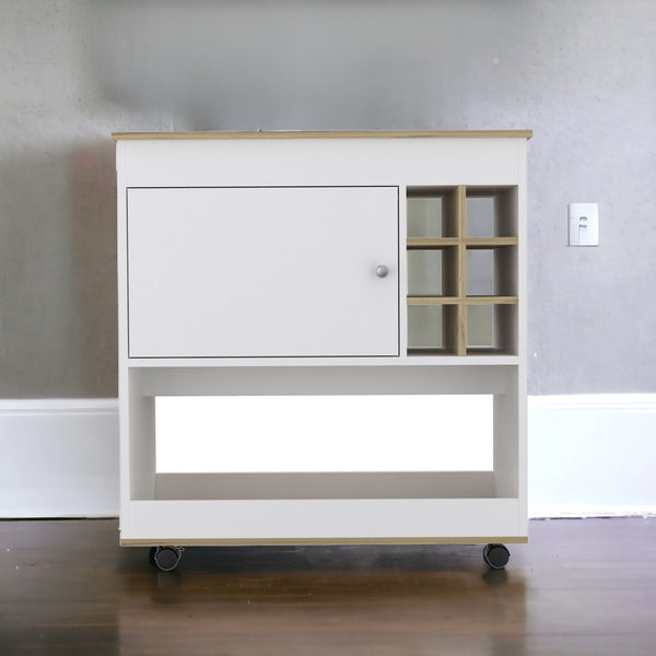 Homeroots Brown And White Rolling Bar Cart With Wine Storage  Particle Board 479896