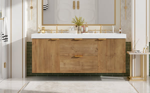 English Elm [video]59.3 Inch Wall Mounted Double Sink Vanity Wood Grain Mdf Soft Close Storage N729P000027N