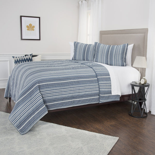 HomeRoots Blue Timeless King Quilt – Premium Cotton, 300 TC, Classic Stripes, All-Season Comfort & Easy Care! 479905