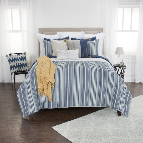 HomeRoots Blue Timeless King Quilt – Premium Cotton, 300 TC, Classic Stripes, All-Season Comfort & Easy Care! 479905