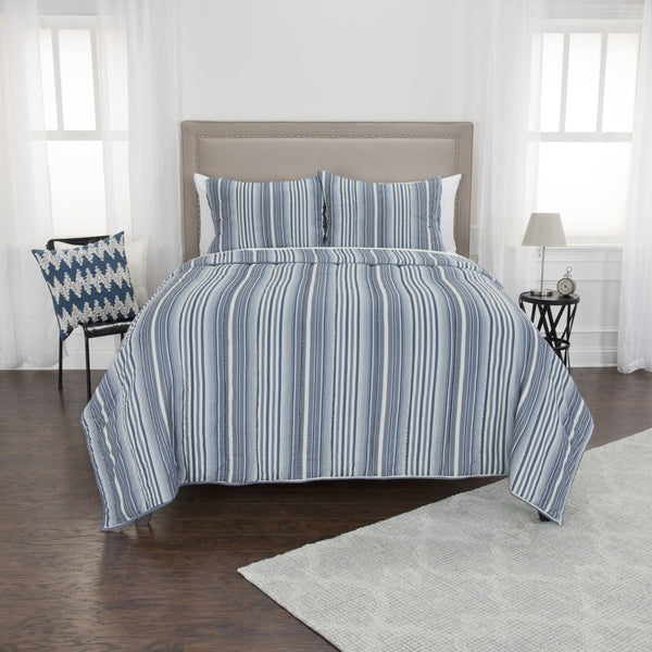 HomeRoots Blue Striped Queen Quilt - Timeless Comfort & Style, Soft Cotton, All-Season Warmth, Easy Care! 479907
