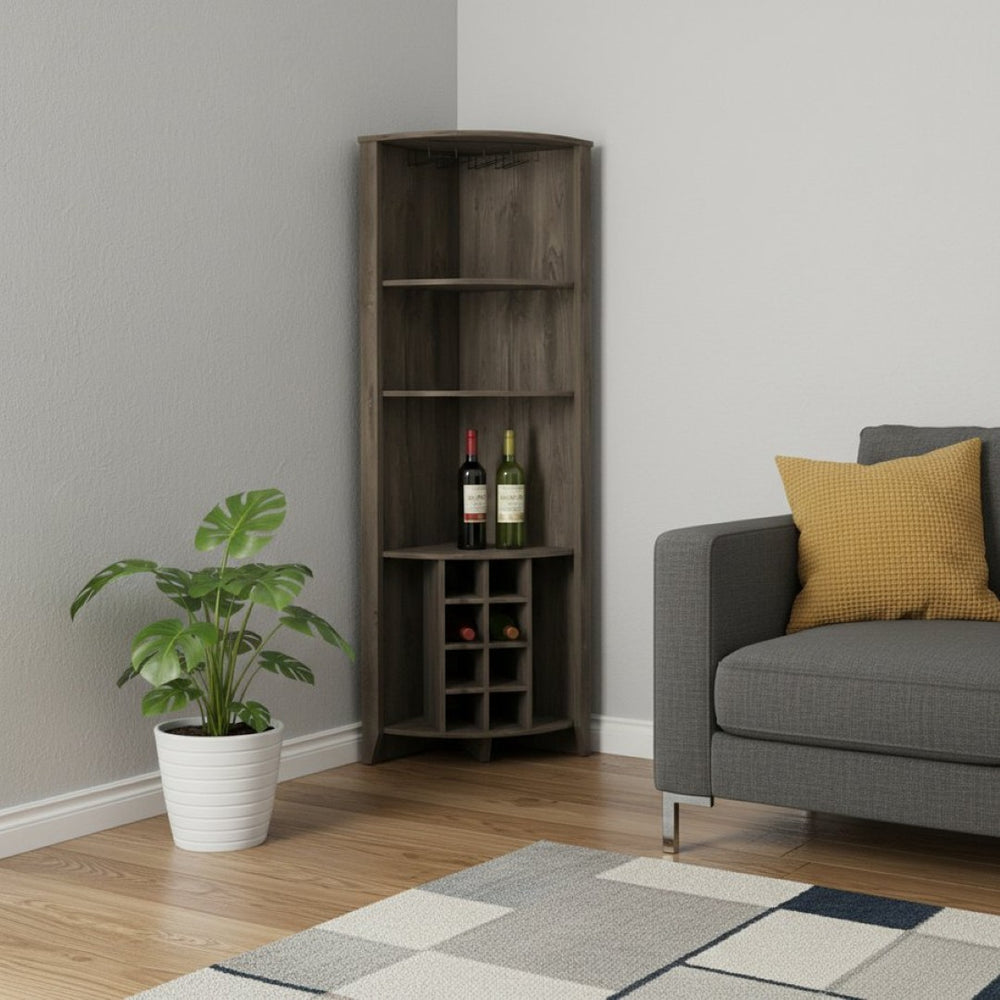 HomeRoots 71" Dark Brown Wood Corner Bar Cabinet - Stylish Corner Storage for Wine, Glassware & Accessories 479912