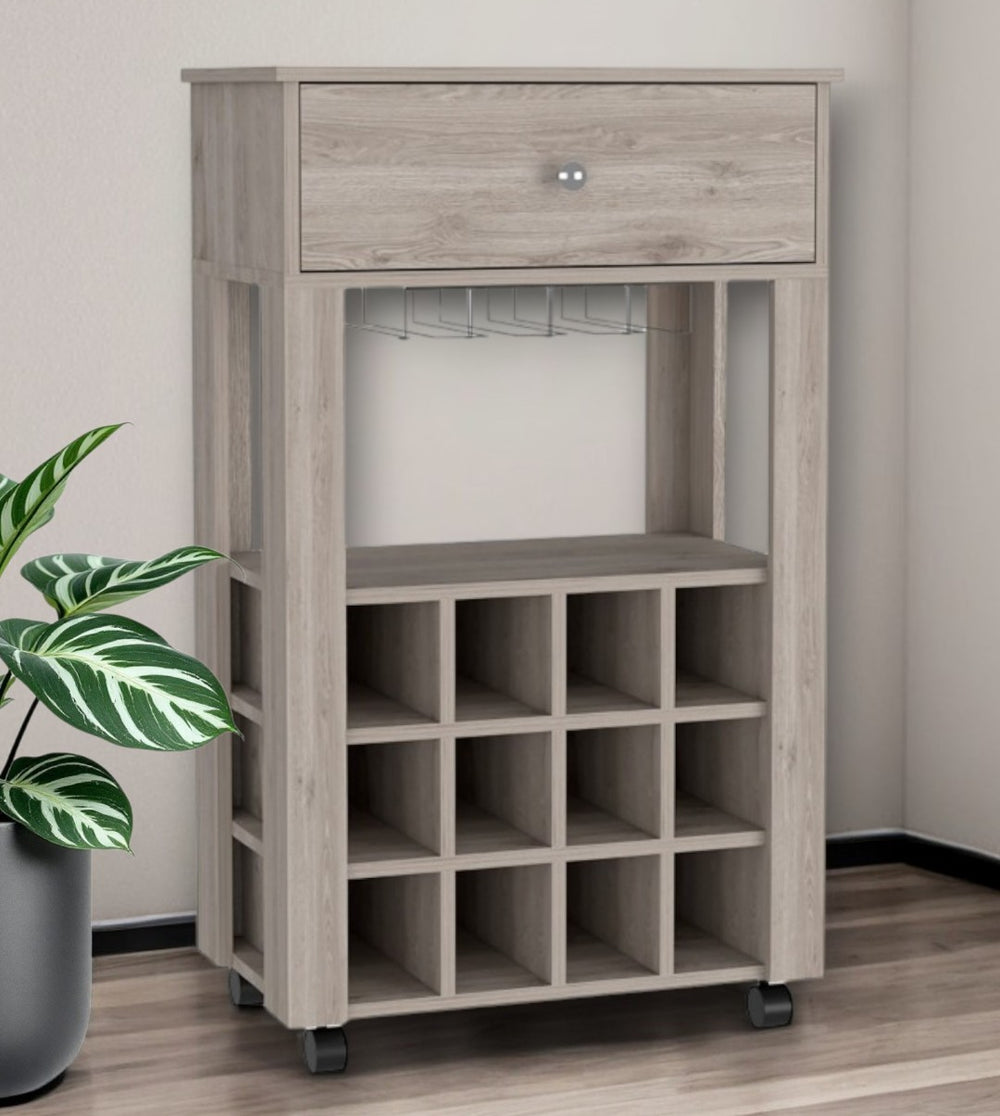 HomeRoots Light Gray Rolling Bar Cart with 12-Bottle Wine Storage, Mobile Design & Stylish Modern Display 479945
