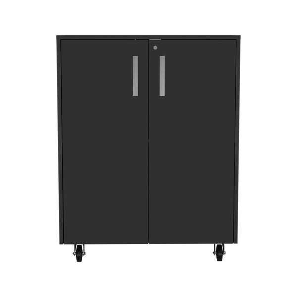 HomeRoots 35" Black Wood Rolling Storage Cabinet - Stylish Mobile Organizer with Hidden Storage & Shelves 479950