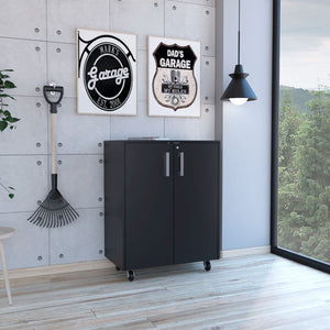 HomeRoots 35" Black Wood Rolling Storage Cabinet - Stylish Mobile Organizer with Hidden Storage & Shelves 479950